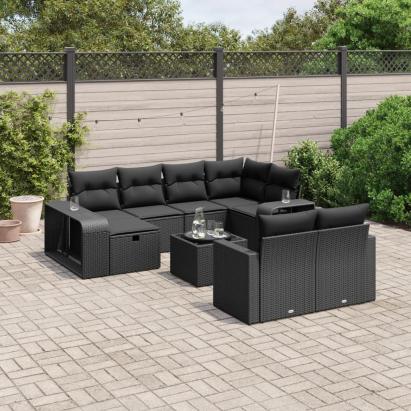 Set canapele de grădină cu perne, 11 piese, negru, poliratan GartenMobel Dekor
