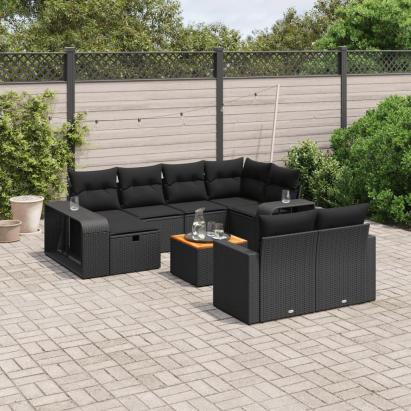 Set canapele de grădină cu perne, 11 piese, negru, poliratan GartenMobel Dekor