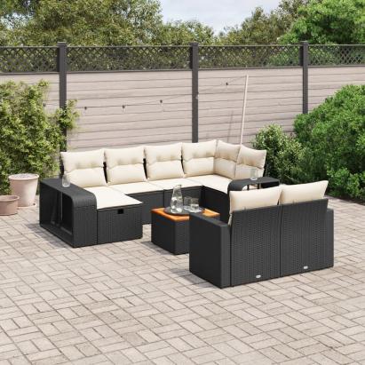 Set canapele de grădină cu perne, 11 piese, negru, poliratan GartenMobel Dekor