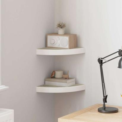 Rafturi perete de colț, 2 buc., stejar și alb, 25x25x3,8cm, MDF GartenMobel Dekor