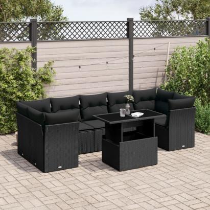 Set mobilier de grădină cu perne, 8 piese, negru, poliratan GartenMobel Dekor