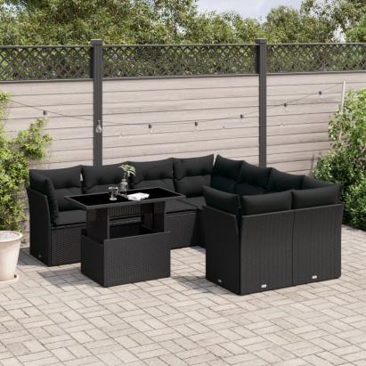 Set mobilier de grădină cu perne, 9 piese, negru, poliratan GartenMobel Dekor