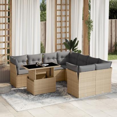 Set canapele de grădină, 9 piese, cu perne, bej, poliratan GartenMobel Dekor
