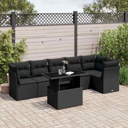 Set canapele de grădină cu perne, 7 piese, negru, poliratan GartenMobel Dekor