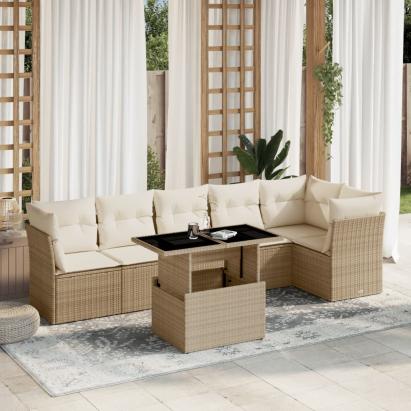 Set canapele de grădină, 7 piese, cu perne, bej, poliratan GartenMobel Dekor