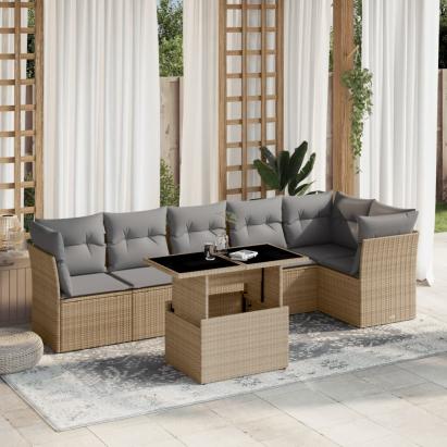Set canapele de grădină, 7 piese, cu perne, bej, poliratan GartenMobel Dekor