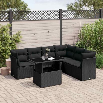 Set canapele de grădină cu perne, 7 piese, negru, poliratan GartenMobel Dekor