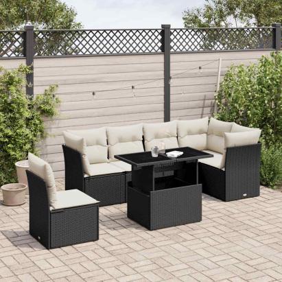 Set canapele de grădină cu perne, 7 piese, negru, poliratan GartenMobel Dekor