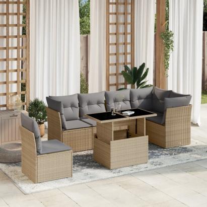 Set canapele de grădină, 7 piese, cu perne, bej, poliratan GartenMobel Dekor