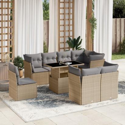 Set canapele de grădină, 9 piese, cu perne, bej, poliratan GartenMobel Dekor