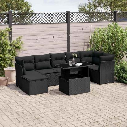 Set mobilier de grădină cu perne, 8 piese, negru, poliratan GartenMobel Dekor