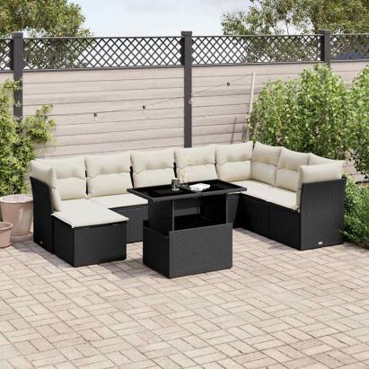 Set mobilier de grădină cu perne, 9 piese, negru, poliratan GartenMobel Dekor