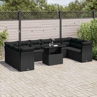 Set canapele de grădină cu perne, 11 piese, negru, poliratan GartenMobel Dekor