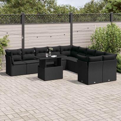 Set canapele de grădină cu perne, 11 piese, negru, poliratan GartenMobel Dekor