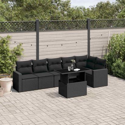 Set canapele de grădină cu perne, 7 piese, negru, poliratan GartenMobel Dekor