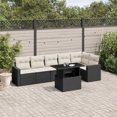 Set canapele de grădină cu perne, 7 piese, negru, poliratan GartenMobel Dekor