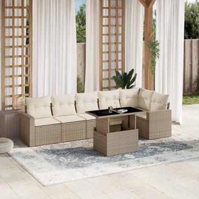 Set canapele de grădină, 7 piese, cu perne, bej, poliratan GartenMobel Dekor