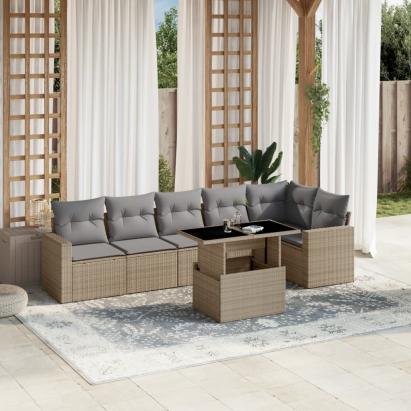 Set canapele de grădină, 7 piese, cu perne, bej, poliratan GartenMobel Dekor