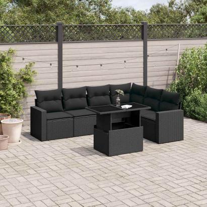 Set canapele de grădină cu perne, 7 piese, negru, poliratan GartenMobel Dekor