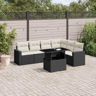 Set canapele de grădină cu perne, 7 piese, negru, poliratan GartenMobel Dekor