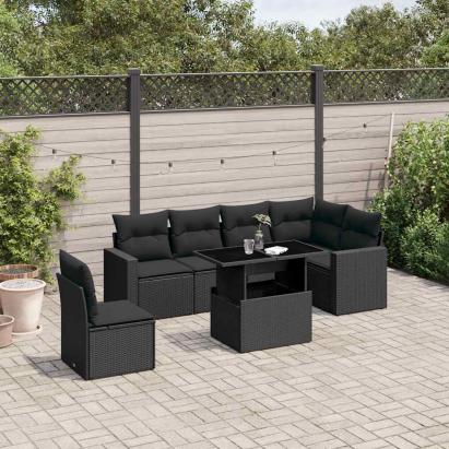 Set canapele de grădină cu perne, 7 piese, negru, poliratan GartenMobel Dekor