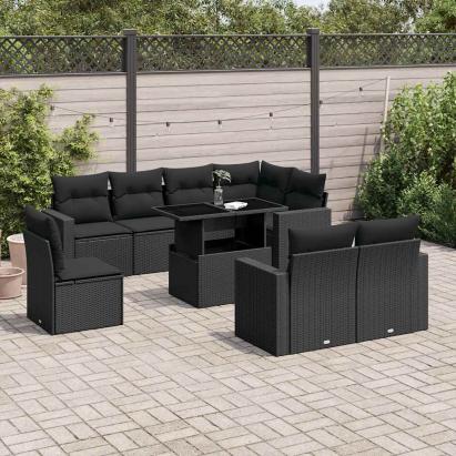 Set mobilier de grădină cu perne, 9 piese, negru, poliratan GartenMobel Dekor