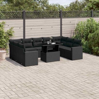Set canapele de grădină cu perne, 10 piese, negru, poliratan GartenMobel Dekor