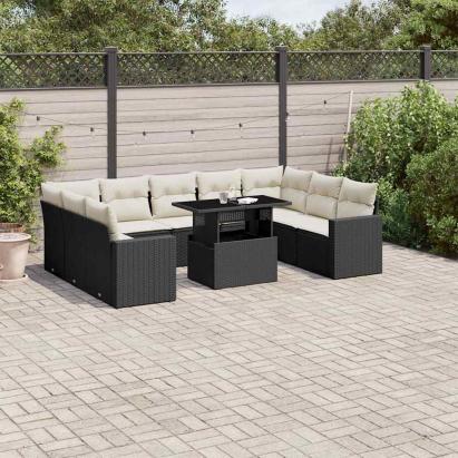 Set canapele de grădină cu perne, 10 piese, negru, poliratan GartenMobel Dekor