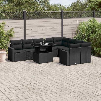 Set canapele de grădină cu perne, 10 piese, negru, poliratan GartenMobel Dekor