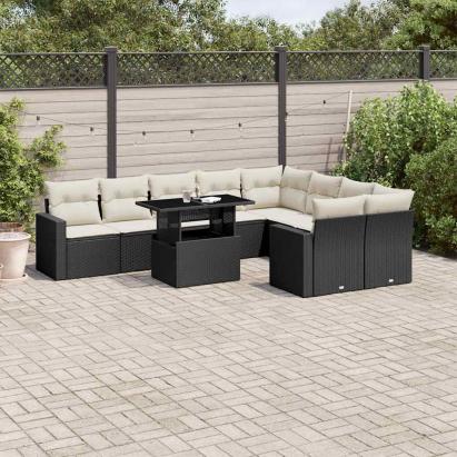 Set canapele de grădină cu perne, 10 piese, negru, poliratan GartenMobel Dekor