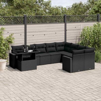 Set canapele de grădină cu perne, 10 piese, negru, poliratan GartenMobel Dekor