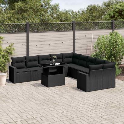 Set canapele de grădină cu perne, 11 piese, negru, poliratan GartenMobel Dekor