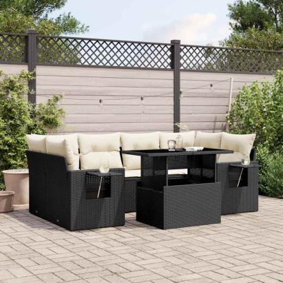 Set canapele de grădină cu perne, 7 piese, negru, poliratan GartenMobel Dekor