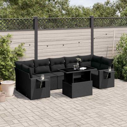 Set mobilier de grădină cu perne, 8 piese, negru, poliratan GartenMobel Dekor