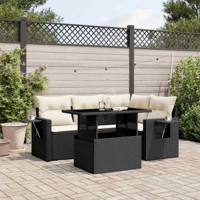 Set mobilier de grădină cu perne, 5 piese, negru, poliratan GartenMobel Dekor