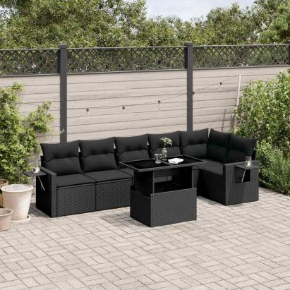 Set canapele de grădină cu perne, 7 piese, negru, poliratan GartenMobel Dekor