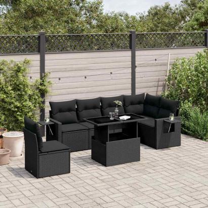 Set canapele de grădină cu perne, 7 piese, negru, poliratan GartenMobel Dekor