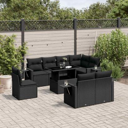 Set mobilier de grădină cu perne, 9 piese, negru, poliratan GartenMobel Dekor