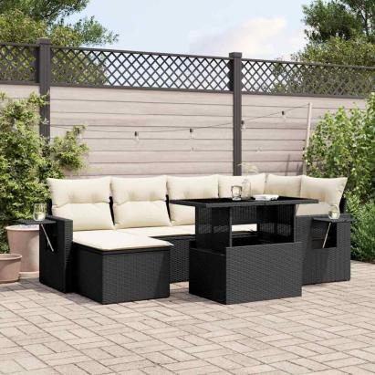 Set canapele de grădină cu perne, 7 piese, negru, poliratan GartenMobel Dekor