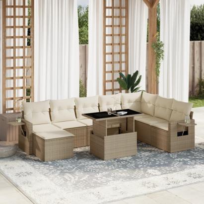 Set canapele de grădină, 9 piese, cu perne, bej, poliratan GartenMobel Dekor