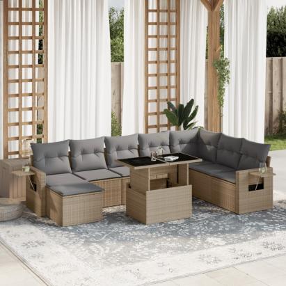 Set canapele de grădină, 9 piese, cu perne, bej, poliratan GartenMobel Dekor