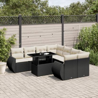 Set mobilier de grădină cu perne, 9 piese, negru, poliratan GartenMobel Dekor
