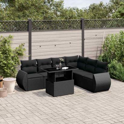 Set canapele de grădină cu perne, 7 piese, negru, poliratan GartenMobel Dekor