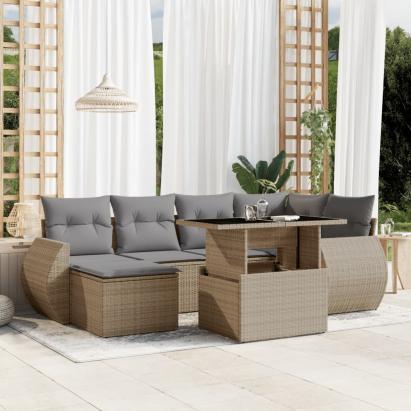 Set canapele de grădină, 7 piese, cu perne, bej, poliratan GartenMobel Dekor