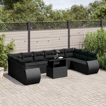 Set canapele de grădină cu perne, 11 piese, negru, poliratan GartenMobel Dekor