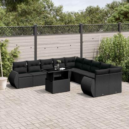 Set canapele de grădină cu perne, 11 piese, negru, poliratan GartenMobel Dekor