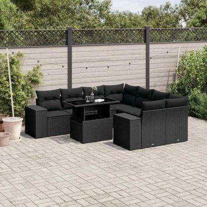 Set mobilier de grădină cu perne, 9 piese, negru, poliratan GartenMobel Dekor