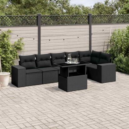 Set canapele de grădină cu perne, 7 piese, negru, poliratan GartenMobel Dekor