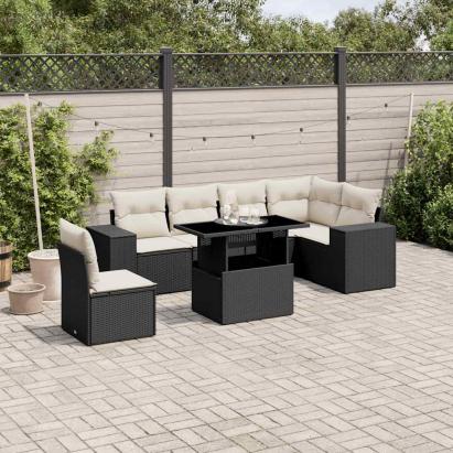 Set canapele de grădină cu perne, 7 piese, negru, poliratan GartenMobel Dekor