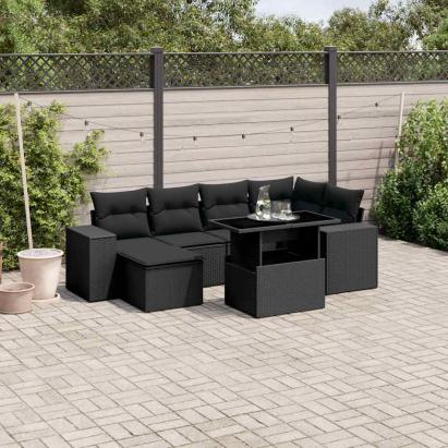 Set canapele de grădină cu perne, 7 piese, negru, poliratan GartenMobel Dekor